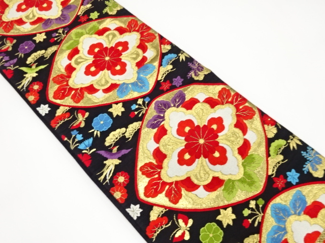 JAPANESE KIMONO / ANTIQUE FUKURO OBI / SILK / WOVEN FLORAL CREST & PHOENIX